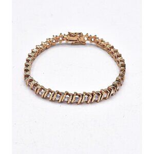 925 Sterling Silver Vermeil Crystal Tennis Bracelet 7.25” Box Clasp W/Safety